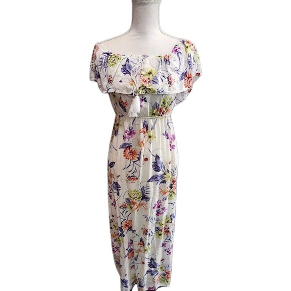 Iris Floral Print Off-The-Shoulder Tassel Tie-Front Side-Slit White Maxi Dress - Picture 1 of 9